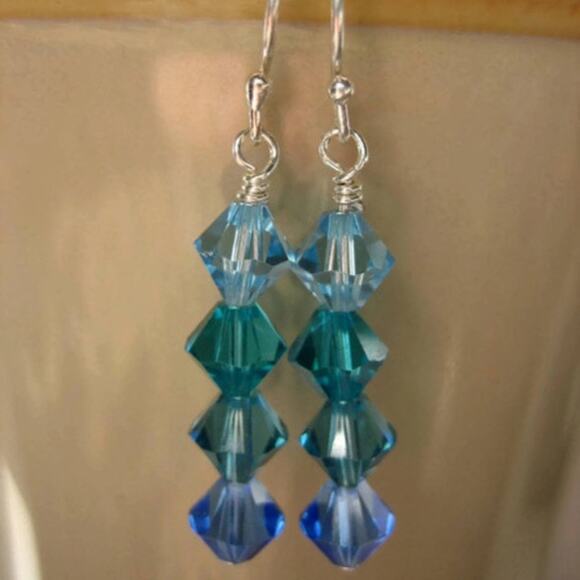 Caribbean Teal Blue Swarovski Crystal Beaded Sterling Silver Dangle Earrings - Picture 3 of 4